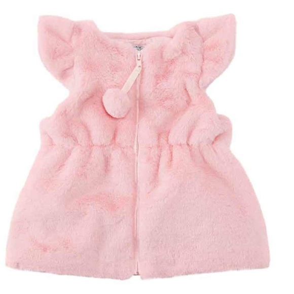 Mud Pie 12-18m NWT pink cinched faux fur vest minky soft pom pom flutter sleeves - Picture 2 of 3
